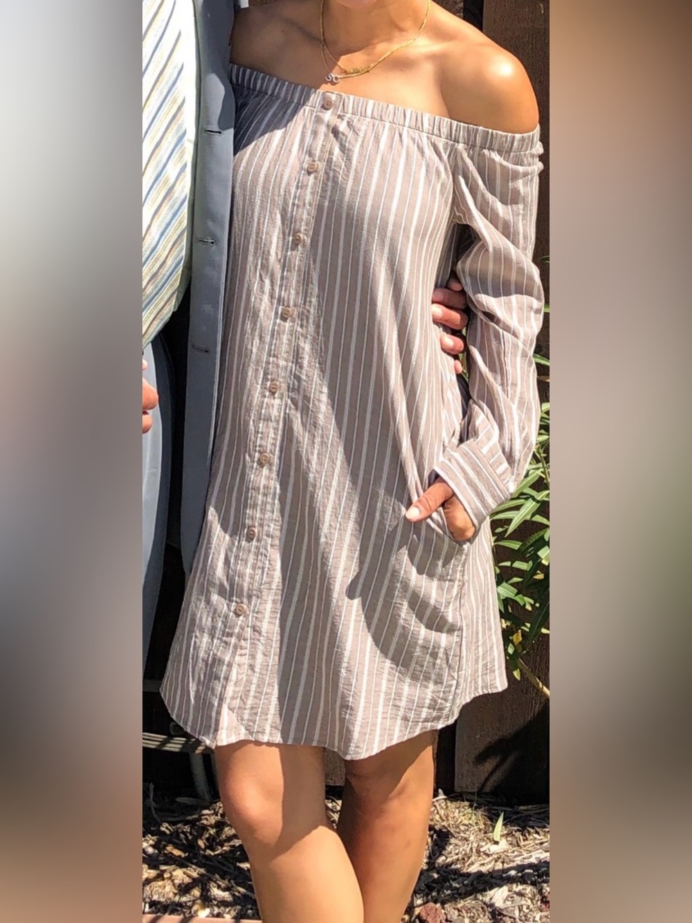 HYFVE Taupe and White Striped Off-Shoulder Long Sleeve Dress